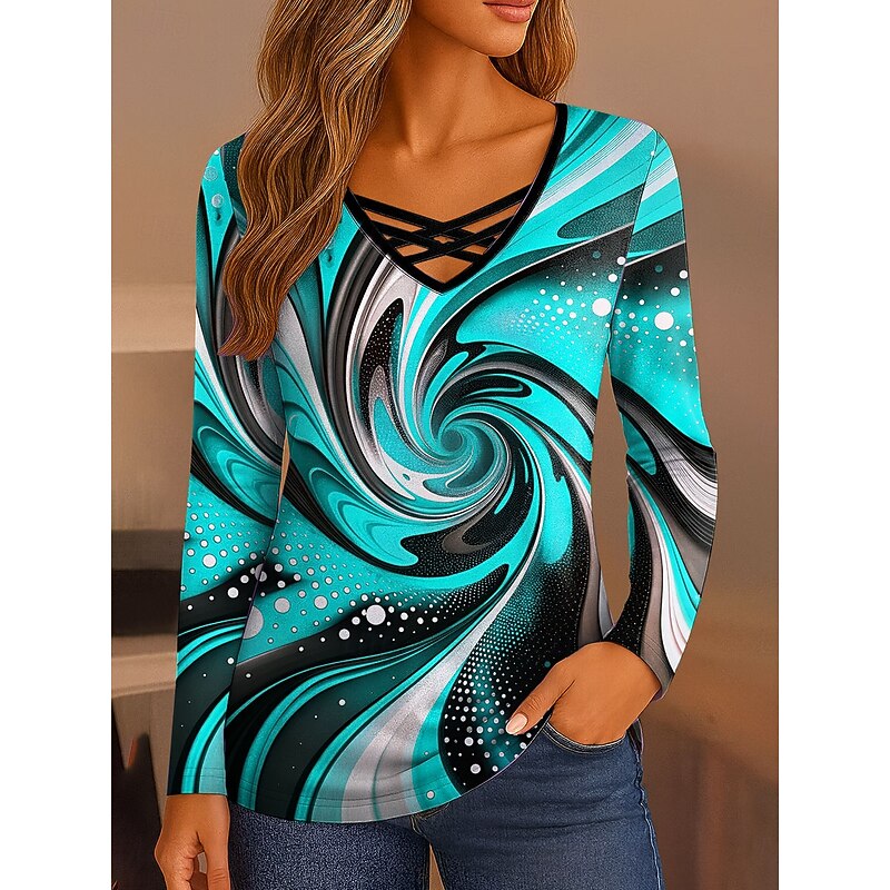 Women's T Shirt Ombre Graphic Geometry Vintage Stylish Classic Long Sleeve V Neck Regular Tops Daily Cut Out Print Pink Red Blue Green Spring Fall3