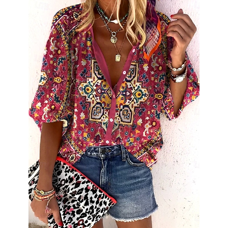 Women's Shirt Button Down Blouse Ombre Floral Graphic Bohemia Vintage Daily 3/4 Length Sleeve V Neck Regular Tops Daily Holiday Beach Wear Print Purple Green Rose Pink Summer Spring Fall3