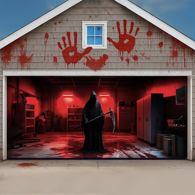 Halloween Grim Reaper Garage Door Cover, Scary Haunted House Decor, Creepy Bloody Scene Curtain for Spooky 2025 Halloween Outdoor Decorations2