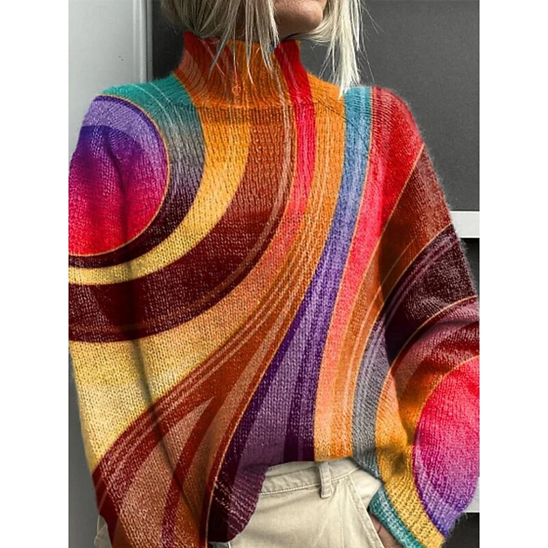 Women's Pullover Vacation Daily Geometric Color Block Ribbed Turtleneck Print Long Sleeve Regular Tops Knit Outdoor Daily Holiday Yellow Purple Fall Winter3