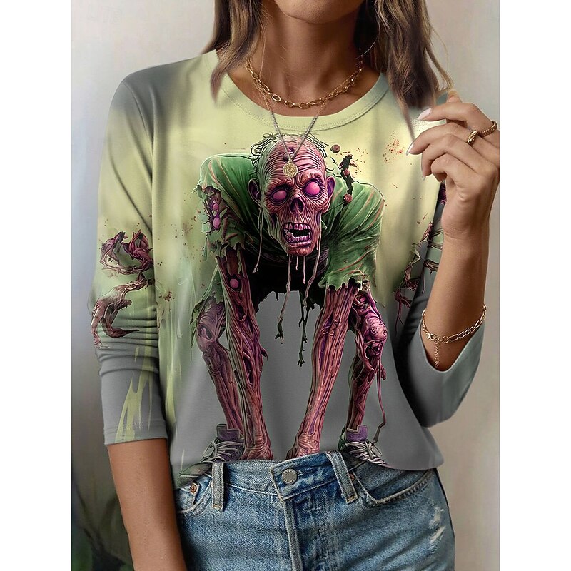Halloween Women's T Shirt Skulls Graphic Vintage Fashion Stylish Long Sleeve Crew Neck Regular Tops Daily Weekend Print Yellow Blue Purple Green Summer Spring Fall2
