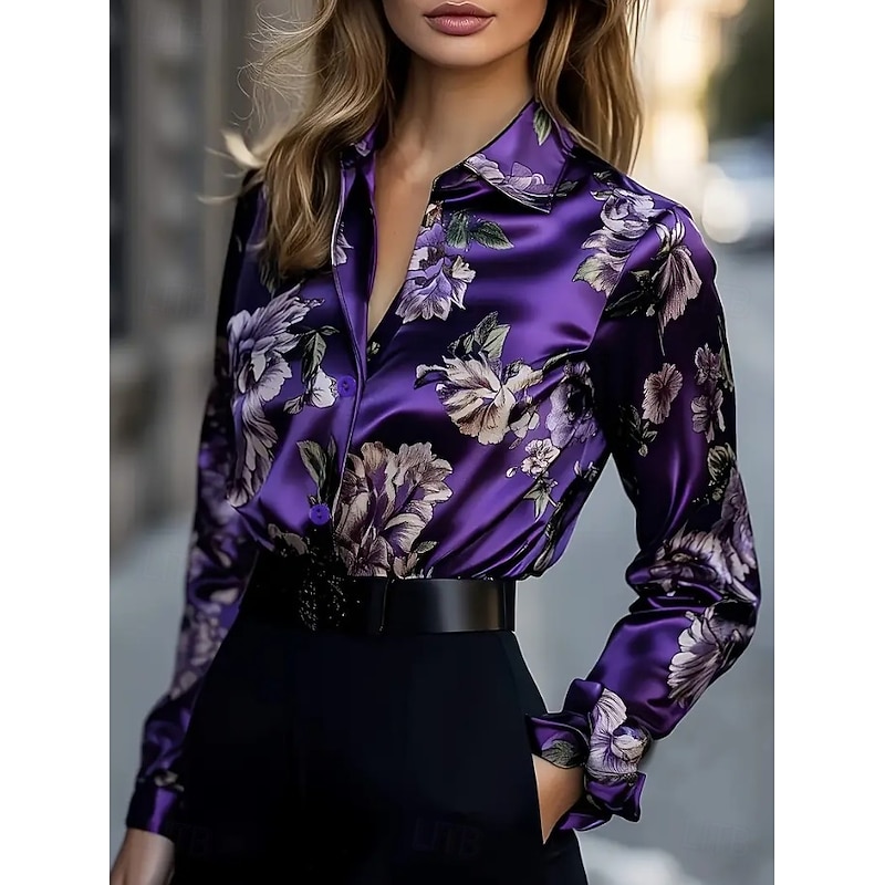 Women's Work Shirt Floral Graphic Elegant Stylish Casual Long Sleeve Shirt Collar Regular Tops Work Party Evening Wear Daily Wine Blue Purple Fuchsia Spring, Fall, Winter, Summer4