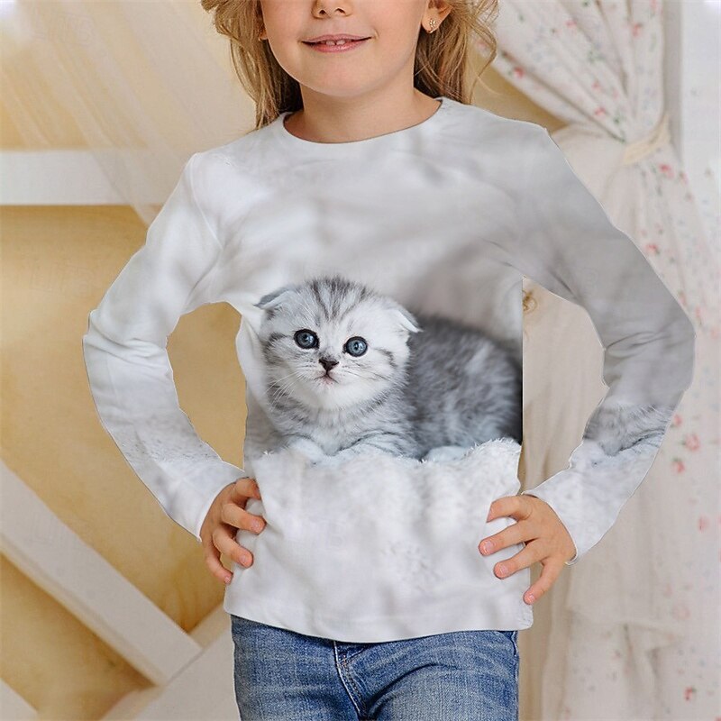 Girls' 3D Animal Cat T shirt Tee Long Sleeve Spring Fall Fashion Basic Kids 4-12 Years Crew Neck Outdoor Casual Daily Regular Fit3