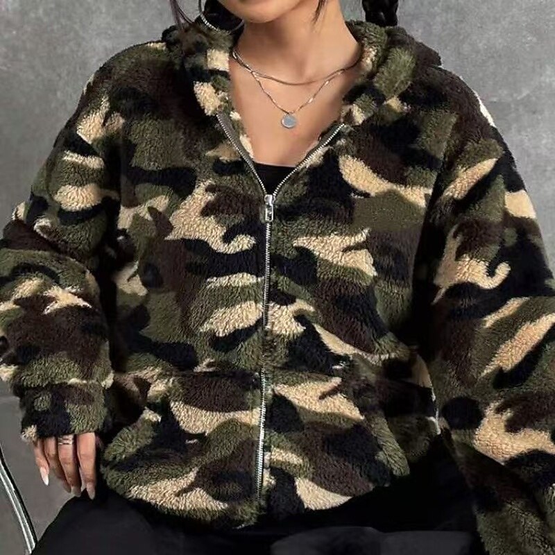 Women's Double Fuzzy Jacket Thick Warm Zip Up Long Sleeve Sports Camo / Camouflage Top For Outdoor Travel Vacation Activewear4
