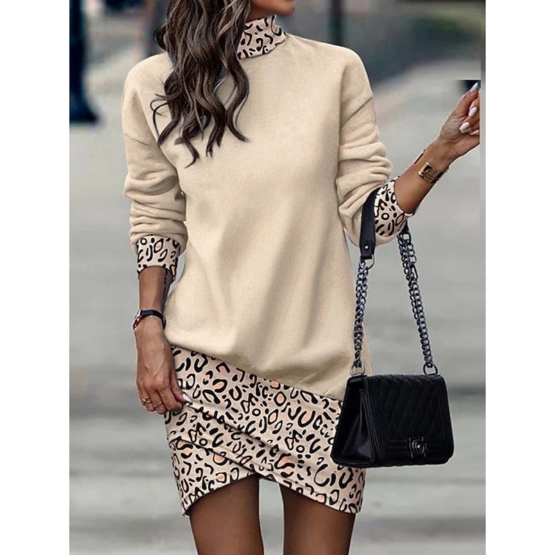 Women's Mini Dress Sheath Dress Casual Daily Regular Fit Floral Striped Long Sleeve High Neck Black White Yellow Apricot Spring Fall Winter