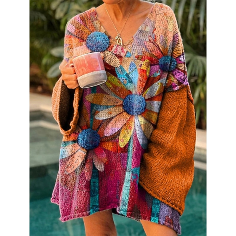 Women's Sweater Casual Soft Floral Graphic Ribbed V Neck Knitted Print Long Sleeve Long Tops Knit Outdoor Daily Weekend Yellow Wine Spring Fall3