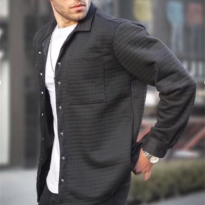 Men's Waffle Shirt Shirt Jacket Winter Jacket Plain Vacation Daily Wear Black White Khaki Gray Long Sleeve Lapel Fall Winter Clothing Apparel Pocket3