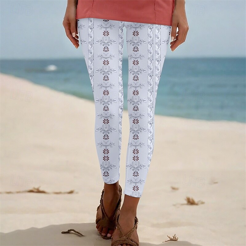 Women's Pants Trousers Leggings Cozy Leggings Streetwear Casual Full Length High Waist Floral Elastic Waist Print Breathability Comfortable Stretchy Vacation Street Daily Wear White Summer Spring Fall