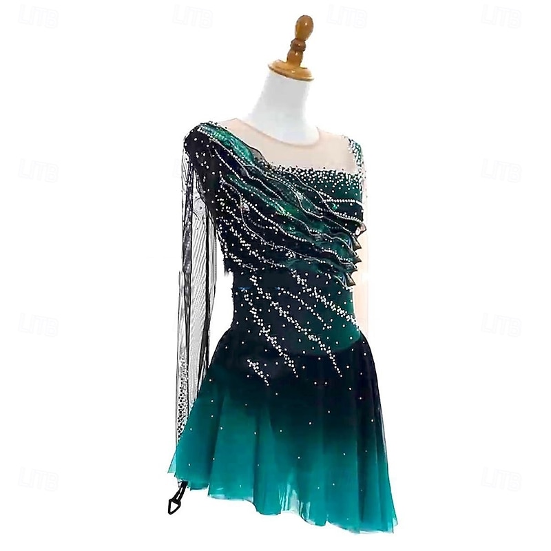 Figure Skating Dress Women's Girls' Ice Skating Dress Dark Green Open Back Asymmetric Hem Mesh High Elasticity Training Competition Skating Wear Classic Crystal / Rhinestone Long Sleeve Ice Skating Figure2
