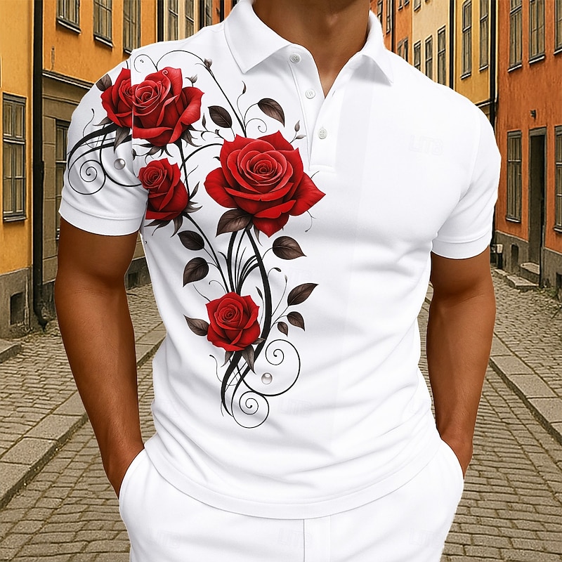 Valentine's Day Men's Rose Polo Short Sleeve Polo Shirts Collared Shirts Casual Athleisure Holiday Vacation Wear Buttons Summer Black White