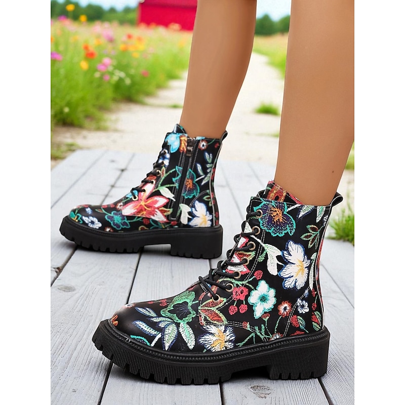 Women's Black Floral Print Combat Boots – Lace-Up Side Zip, Chunky Lug Sole, Stylish Casual & Festival Footwear