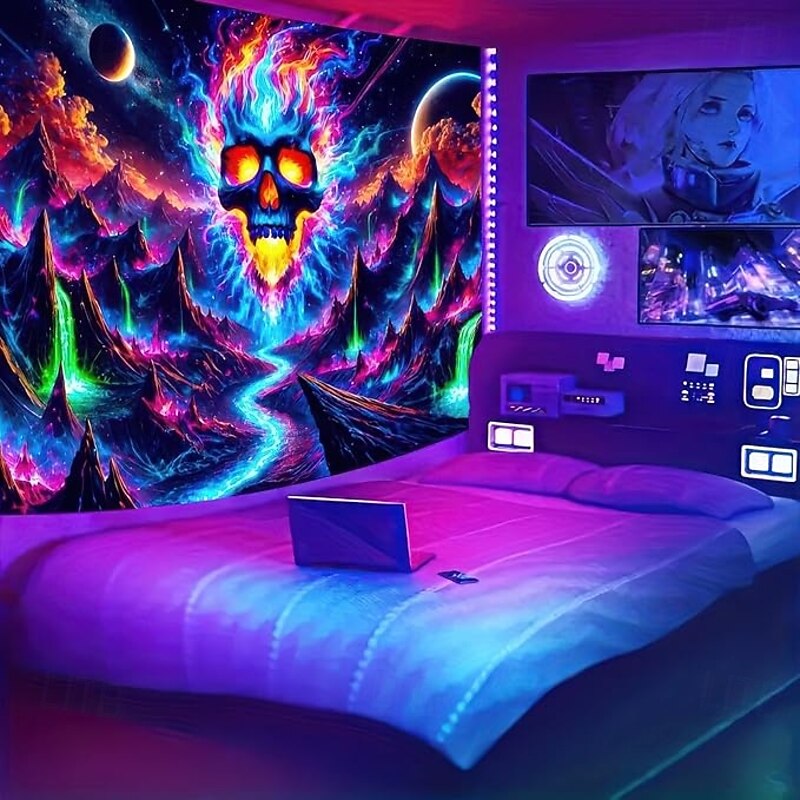 Halloween Skull Blacklight Tapestry – UV Reactive Glowing Wall Hanging Decoration for Bedroom, Living Room, Dorm, Party, or Haunted House Decor2