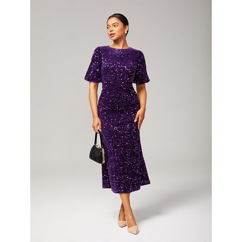 Women's Velvet Dress Sequin Dress Prom Dress Cocktail Dress Elegant Glitters Puff Balloon Sleeve Anniversary Party Party Evening Wear Sequin Short Sleeve Navy Blue Purple Green Spring & Fall