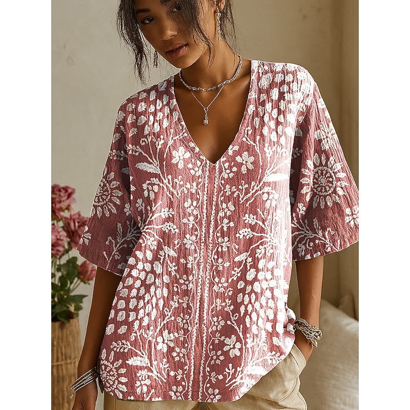 Women's 3D Print Boho T-shirt Graphic Plants Elegant Bohemia Vintage Half Sleeve V Neck Regular Tops Daily Going out Weekend Black Yellow Pink Purple Rose Pink Summer Spring4