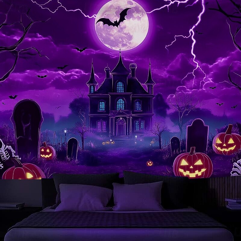 HallAoween Blacklight Tapestry UV Reactive Glow in the Dark Forest Trippy Mountain Misty Graveyard Ghost Hanging Tapestry Wall Art Mural for Living Room Bedroom4