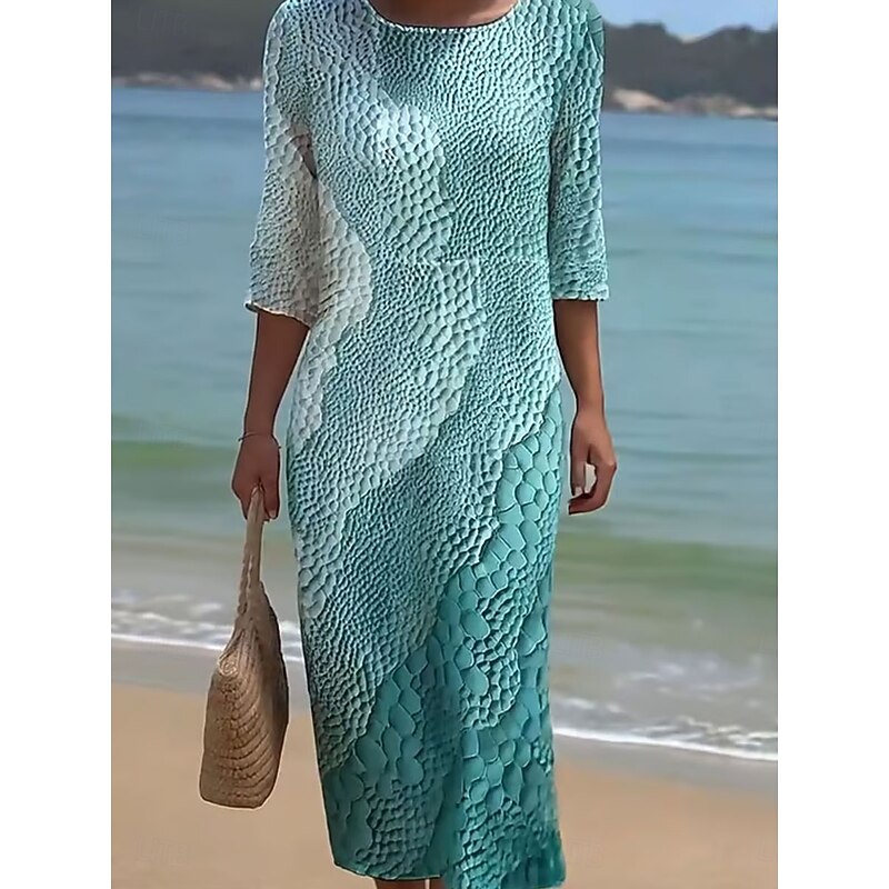 Women's Maxi Dress Kaftan 3/4 Length Sleeve Crew Neck Casual Dress A Line Dress Boho Regular Fit Graphic Geometric Abstract Pink Blue Purple Green Spring Fall2