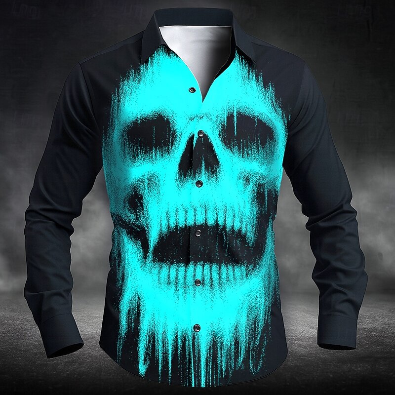 Halloween Men's Skull Halloween Costumes Shirt Button Up Shirt Long Sleeve Dark Punk Gothic Style Outdoor Holiday Summer Spring Turndown 3D Print Collared Shirts White Red Blue Green Light Blue3