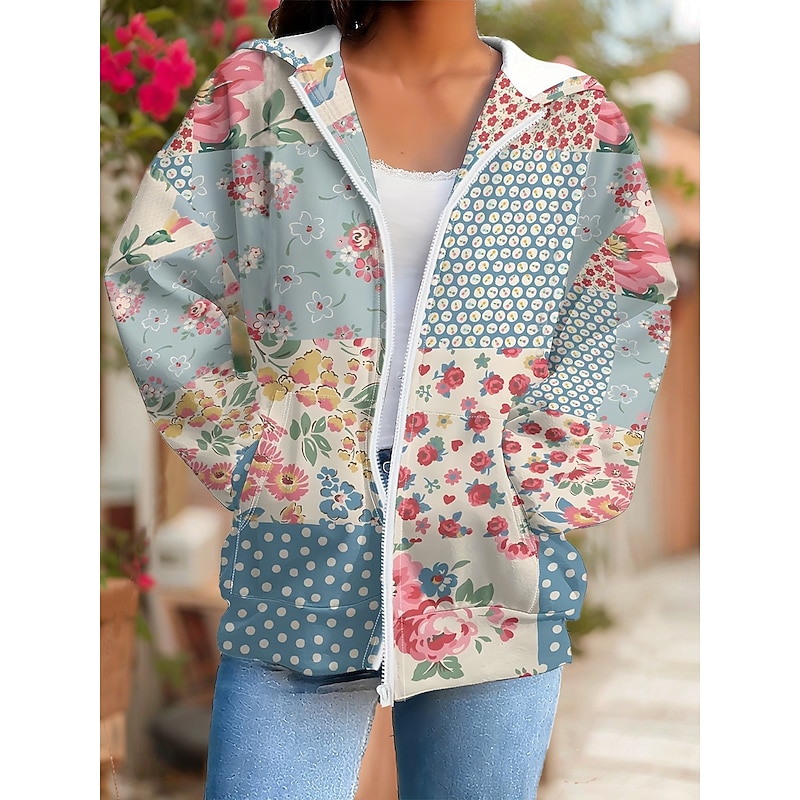 Women's 3D Print Vintage Boho Hoodie Patchwork Hoodie Sweatshirt Floral Zip Up Vintage Casual Long Sleeve Hooded Street Dailywear Patchwork Zipper Pocket Red Blue Orange Light Blue Spring Fall