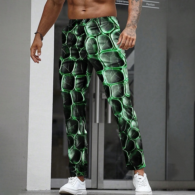 Men's Geometric Optical Illusion Scales Dress Pants Trousers Suit Pants Mid Waist Casual Outdoor Holiday Straight Leg Pants with Pockets Spring Fall 3D Print Purple Orange Green