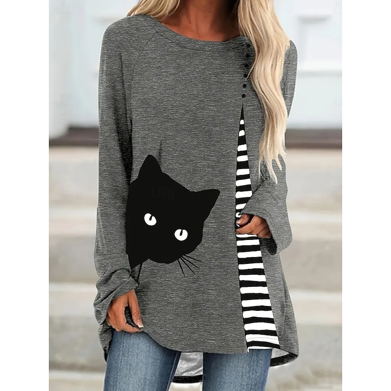 Women's T Shirt Graphic Animal Geometric Vintage Stylish Classic Long Sleeve Crew Neck Round Neck Long Tops Daily Print Gray Spring Fall