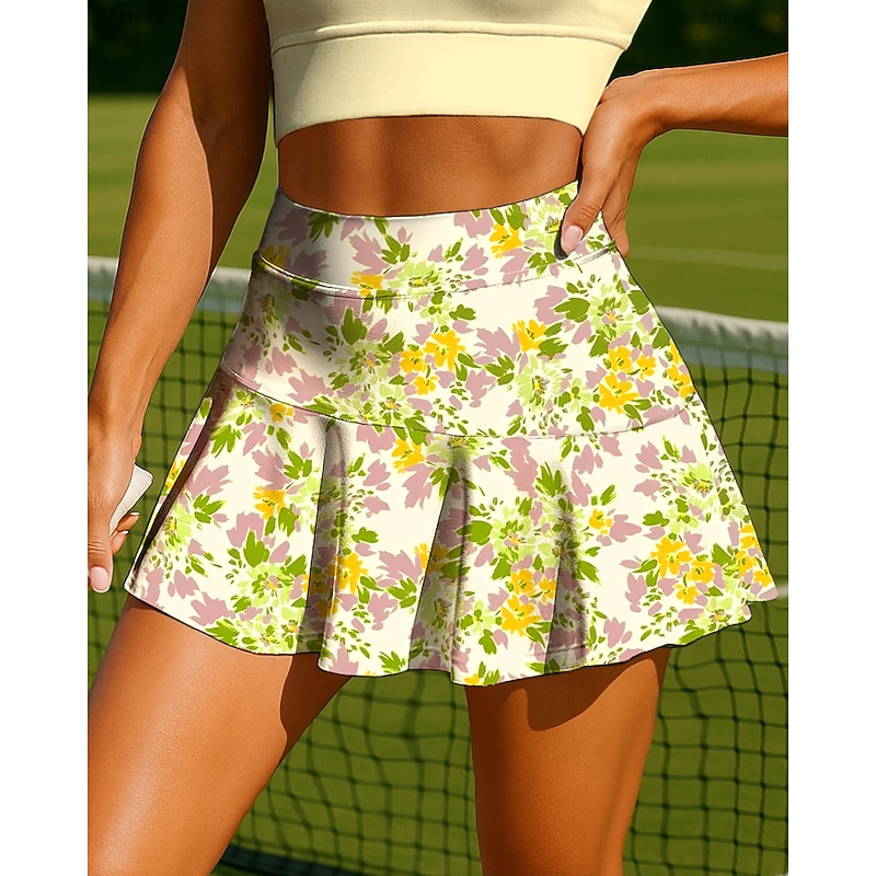 Women's Plants Floral Floral Botanical Tennis Skirts Patchwork Pocket 2 in 1 UPF50+ UV Resistant Multi layer Volleyball Tennis Badminton Shorts Skirt Light Yellow Tennis Clothing