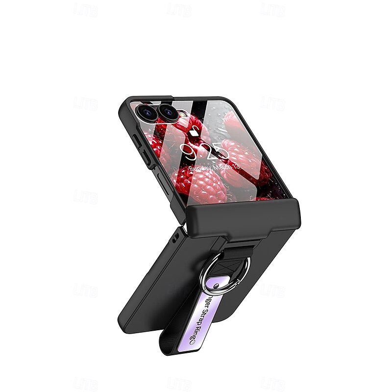 Phone Case For Samsung Galaxy Z Flip 7 Z Flip 6 Z Flip 5 Back Cover with Wrist Strap Ring Buckle Shockproof Retro PC2