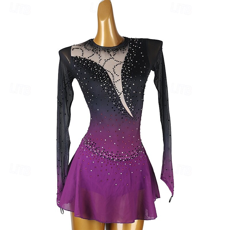 Figure Skating Dress Women's Girls' Ice Skating Dress Purple Patchwork Open Back Mesh Spandex High Elasticity Training Practice Professional Skating Wear Classic Crystal / Rhinestone Long Sleeve Ice