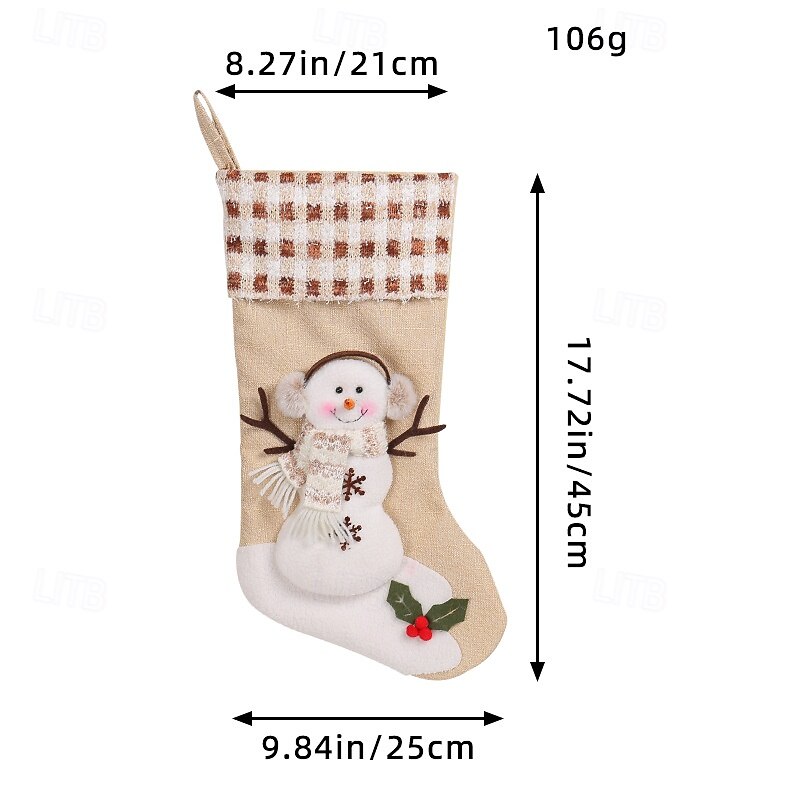 1 PC Christmas Stocking Large Gift Bag with Snowman Plaid Stripe Cuff Hanging Ornament for Christmas Tree Holiday Party Home Fireplace Winter Festival Decoration4
