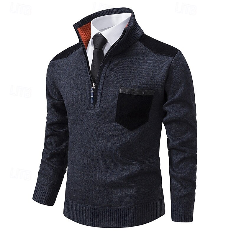 Men's Sweater Pullover Sweater Jumper Ribbed Knit Regular Tops Knitted Slim Fit Plain Stand Collar Knitwear Contemporary Casual Daily Wear Clothing Apparel Fall Winter Navy Blue Orange M L XL2