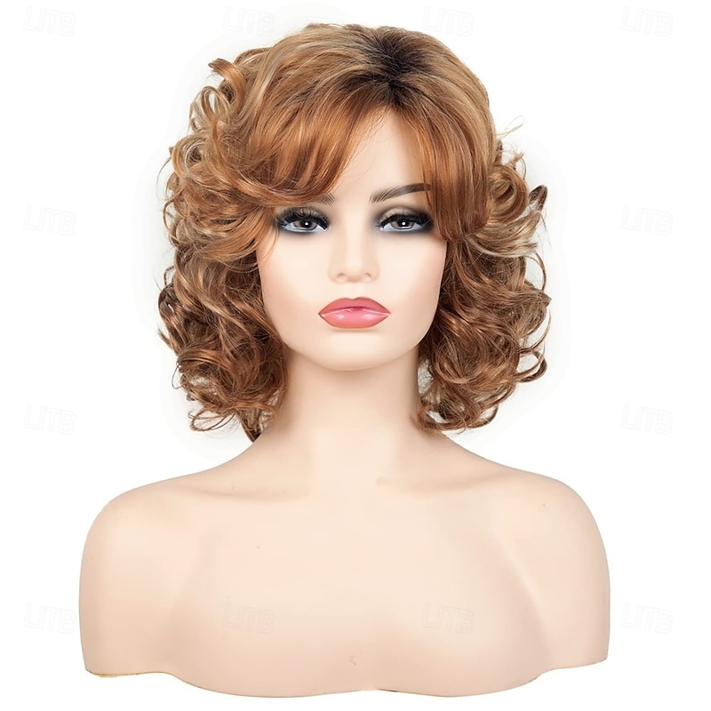 Women’s Golden Brown Short Curly Bob Wig Natural Looking Realistic Synthetic Hair Heat Resistant Layered Elegant Daily Wear Fashion Style3