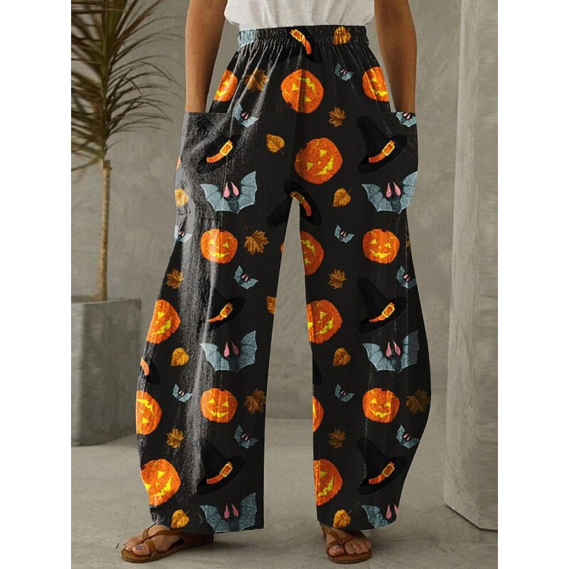 Women's Wide Leg Chinos Vintage Casual Full Length Mid WaistPantsHalloween Pumpkin Halloween Elastic Waistband Comfy Stretchy Street Black Yellow Orange Pink / Black Fall Winter Loose Fit2