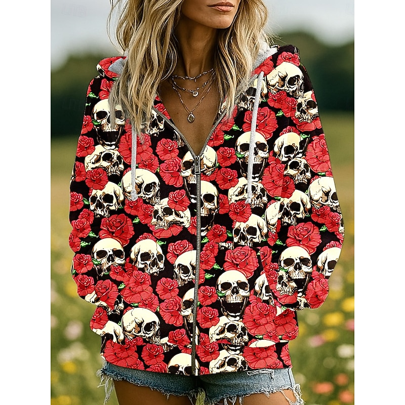 Halloween Women's Zip Up Hoodies Skulls Graphic Pumpkin Fashion Casual Long Sleeve Hooded Regular Tops Street Dailywear Zipper Pocket Print Black Red Orange Brown Gray Spring Fall Winter4