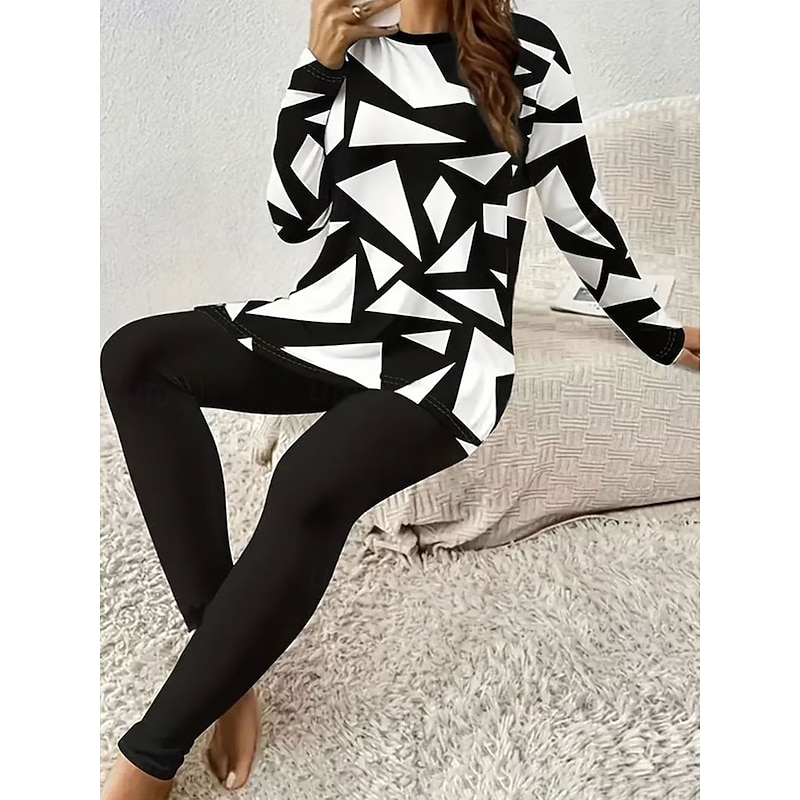 Women's Pajama Set Loungewear Round Neck Long Sleeve Casual Fashion Pants Sets Graphic Geometric Abstract Print Daily Daily Black White Blue Spring Regular Fit4