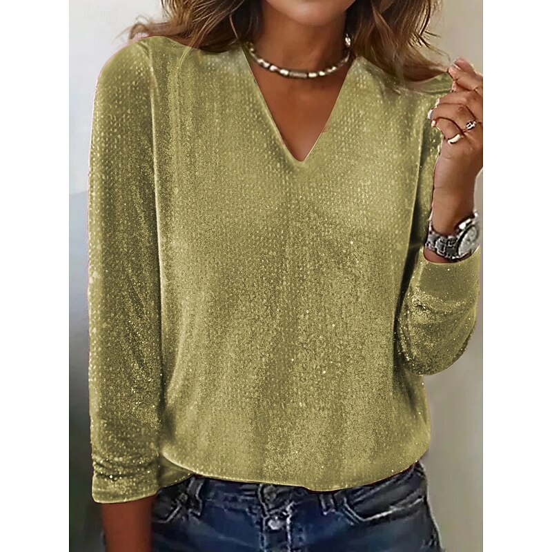 Women's Shirt Blouse Plain Basic Modern Long Sleeve V Neck Regular Tops Daily Holiday Sequins Silver Black Yellow Pink Red Summer4