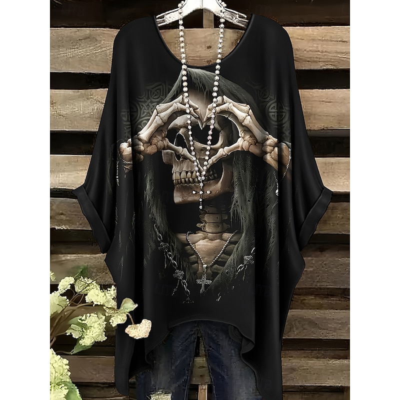 Halloween Women's Blouse Graphic Vintage Daily Casual Short Sleeve Half Sleeve Batwing Sleeve Crew Neck Long Tops Daily Holiday Blue Purple Brown Khaki Summer Spring