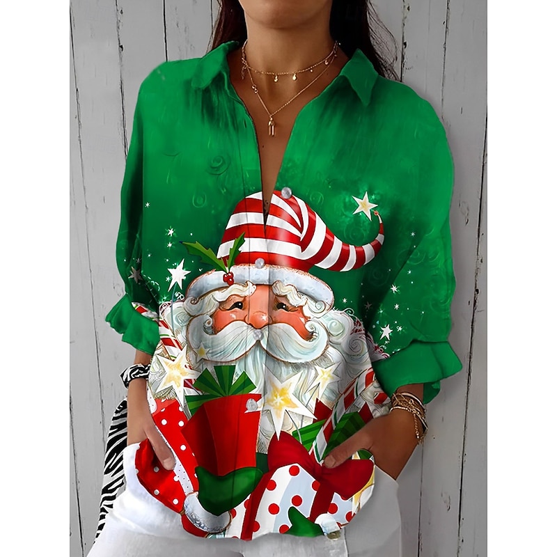 Christmas Women's Shirt Graphic Santa Claus Vintage Tropical Daily Long Sleeve Shirt Collar Regular Tops Daily Holiday Buttons Print Black Yellow Red Blue Purple Summer Spring Fall Winter