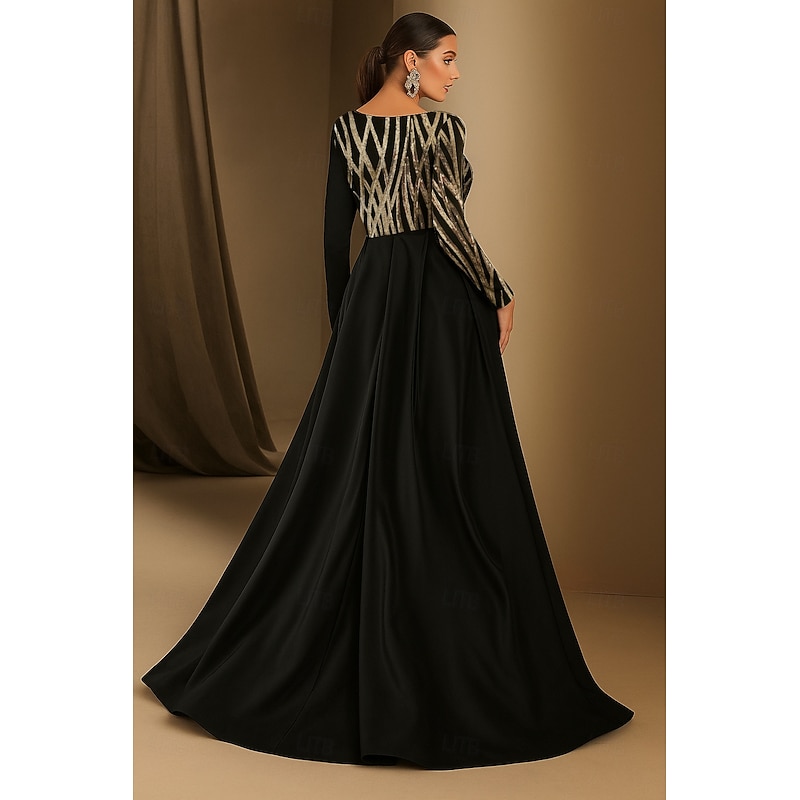 Black and Gold Sequin Lace Appliques A-Line Evening Gown Elegant Dress Formal Wedding Floor Length Long Sleeve Boat Neck Satin with Pleats 20253