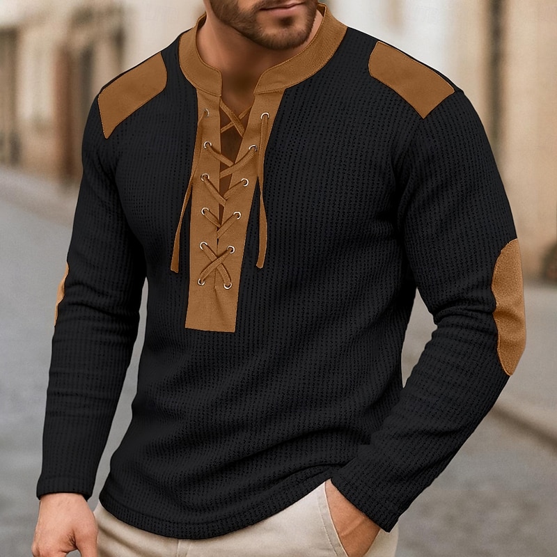 Men's T Shirt Henley Shirt Waffle Knit Tee Tee Top Long Sleeve Stand Collar Lace Up Neck Spring &  Fall Color Block Fashion Designer Basic Patchwork Vacation Street Going out Black Navy Blue khaki4