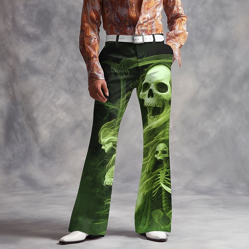 Halloween Men's Skull Smoke Halloween Costumes Disco Pants 60s 70s Bell Bottoms Mid Waist Dark Gothic Style Outdoor Holiday Side Pockets Flared Leg Pants Trousers Spring Fall 3D Print Purple Green2
