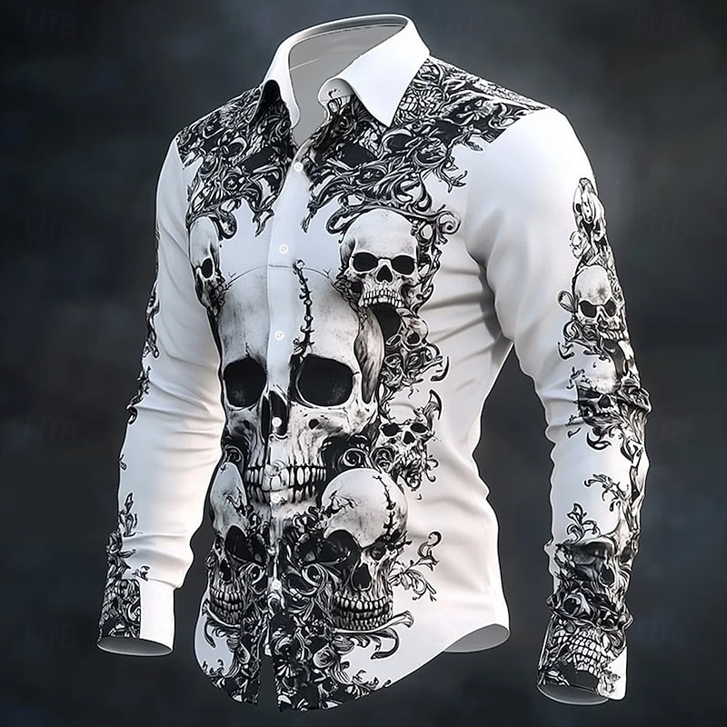 Halloween Men's Halloween Costumes Skulls Shirt Button Up Shirt Casual Dress Shirt Long Sleeve Dark Gothic Style Holiday Summer Spring Turndown 3D Print Collared Shirts White 1 White2
