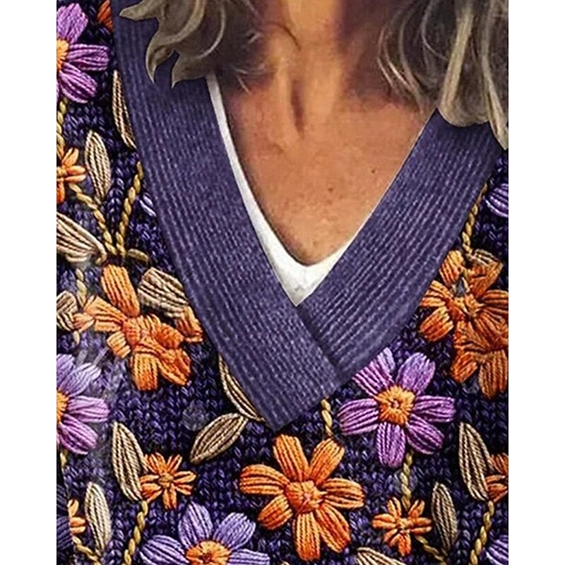 Women's Sweater Fashion Floral Graphic Ribbed V Neck Knitted Long Sleeve Regular Tops Knit Holiday Going out Weekend Purple Winter3