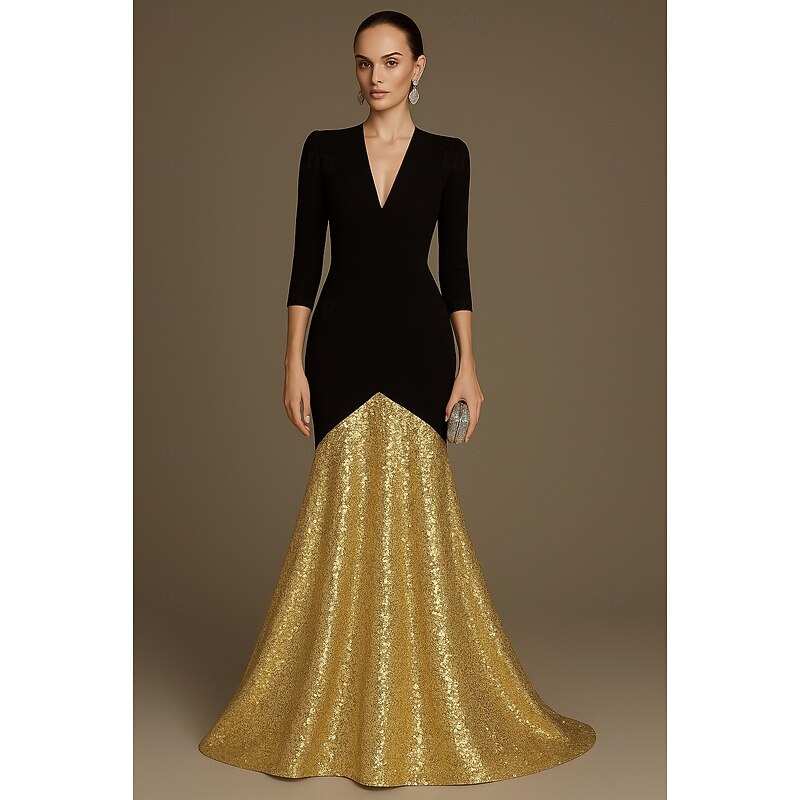 Black Gold Silver Sequined Mermaid Evening Gown Elegant Dress Formal Wedding Floor Length 3/4 Length Sleeve V Neck with Pleats 2025 - Main Image