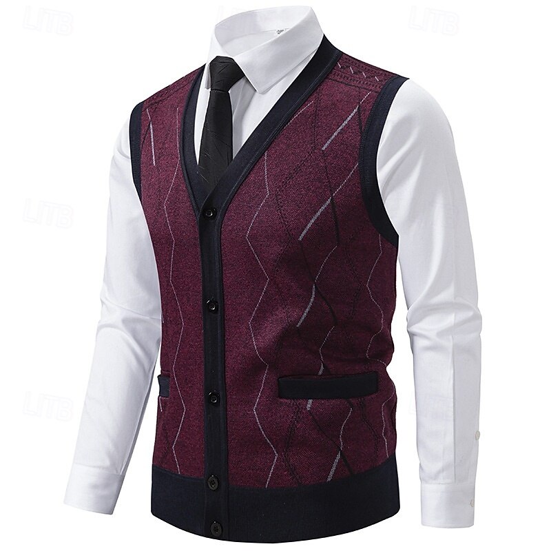 Men's Sweater Sweater Vest Dress Sweater Cardigan Sweater Knit Sweater Ribbed Knit Regular Tops Knitted Ribbed Geometric V Neck Fashion Shawls Business Casual Clothing Apparel Fall Winter Burgundy3