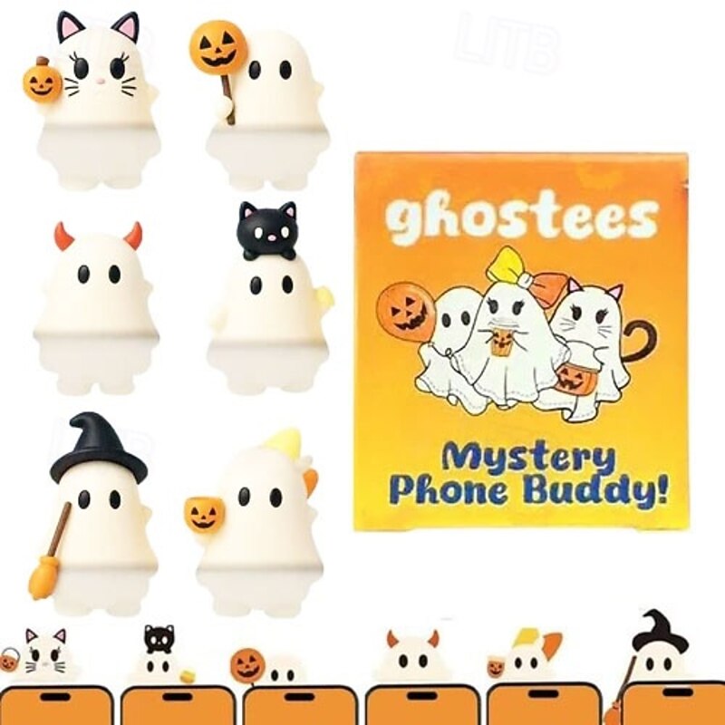6pcs/set Ghostees Mystery Phone Buddy Stick-On Halloween Ghost & Pumpkin Phone Topper Cute Strong Adhesive Cling Decoration for Smartphone, Peel-and-Stick Design Figurine