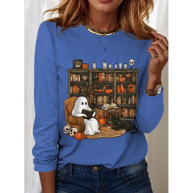 Halloween Women's T shirt Ghost Graphic Letter Vintage Fashion Stylish Long Sleeve Crew Neck Round Neck Regular Tops Daily Weekend Print Black White Pink Blue Purple Spring Fall Winter3