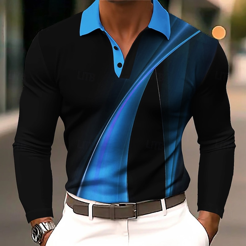 Men's Geometic Line Polo Long Sleeve Polo Shirts Lapel Business Casual Athleisure Daily Wear 3D Print Buttons Spring Fall Winter Black Blue Purple2
