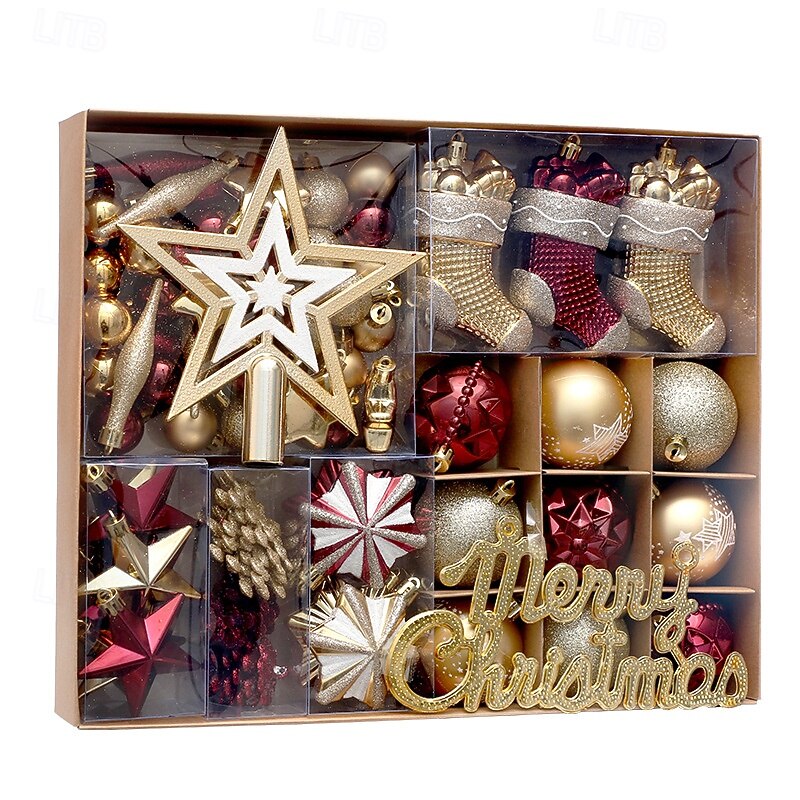 70 pcs Christmas Tree Balls Baubles Ornaments, Xmas Decoration, Painted Red & Gold Balls with Tree Top Star Hanging Set2
