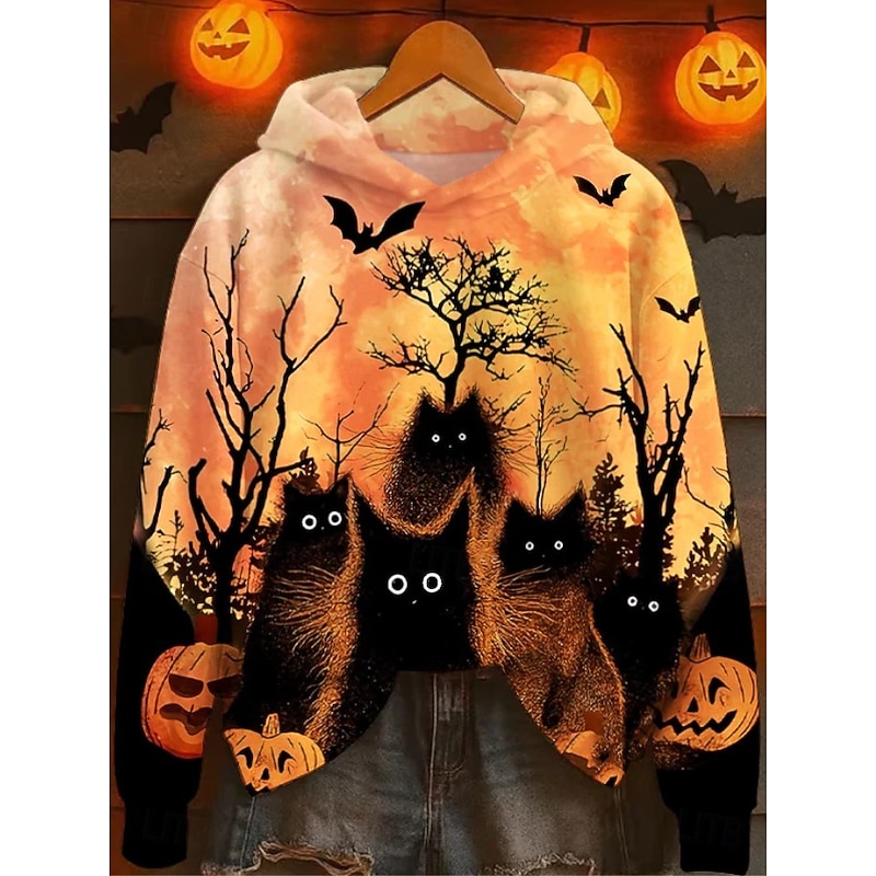 Women's Hoodie Pullover Sweatshirt Oversized Long Sleeve Casual Graphic Animal Cat Vintage Fashion Western Hooded Regular Tops Street Dailywear Patchwork Print Brown Gray Fall Winter