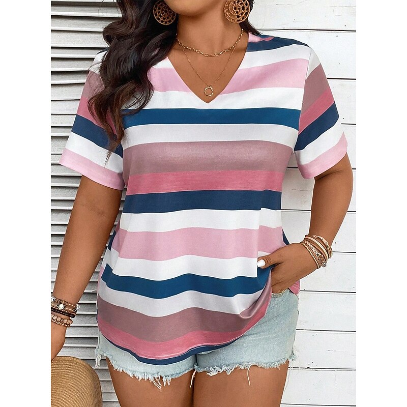 Women's Plus Size Tops T Shirt Striped Print Short Sleeve Crew Neck Casual Daily Polyester Summer Spring White Pink