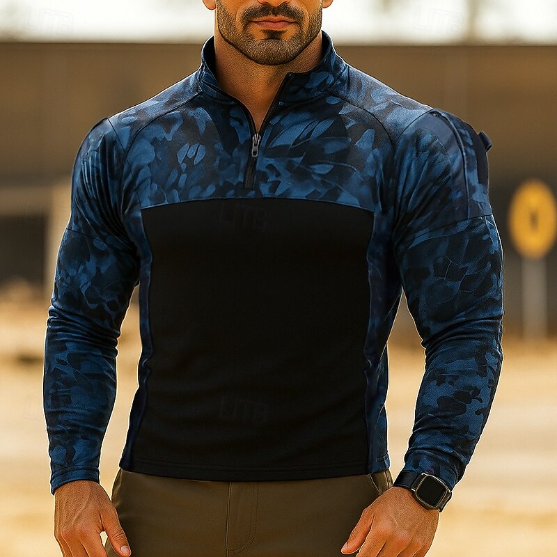 Men's Sweatshirt Quarter Zip Sweatshirt Tactical Hoodie Camo Hoodie Black Army Green Light Grey Hooded Plain Camouflage Patchwork Zipper Sports & Outdoor Casual Daily Streetwear Cool Sportswear3